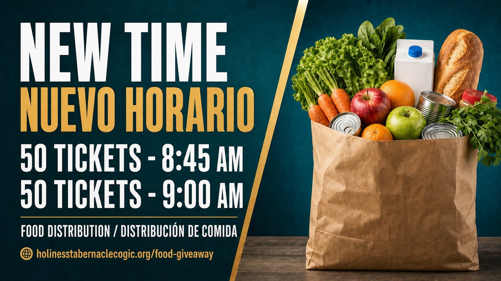 Food Distribution new time: 50 tickets at 8:45 AM and 50 tickets at 9:00 AM, bilingual English and Spanish