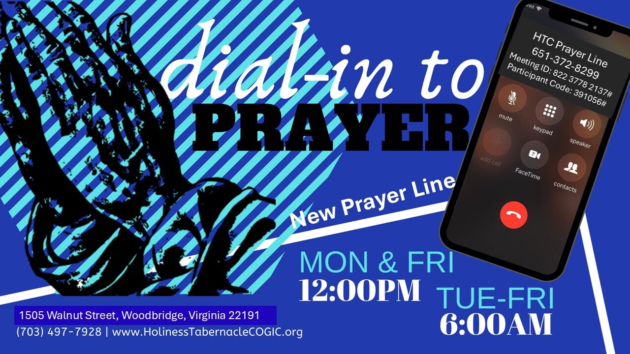 Dial-in to Prayer graphic with praying hands and a phone showing the HTC prayer line number